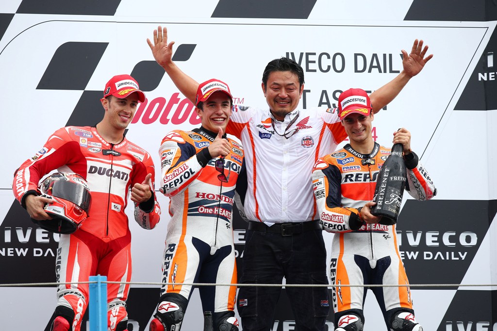 Il podio di Assen 2014: Marquez, Dovizioso e Pedrosa