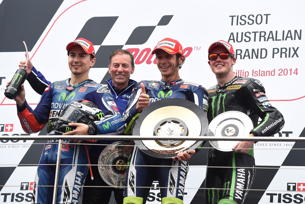 MotoGP 2014, Australia, podio, Rossi, Lorenzo e Smith